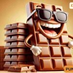 A hyper-realistic 3D render of a giant chocolate bar with a funny, giggling face wearing sunglasses, leaning casually against a stack of smaller chocolate bars. The scene is bright and cheerful, featuring lifelike lighting with a warm, golden hue that enhances the playful and humorous expression of the chocolate character.